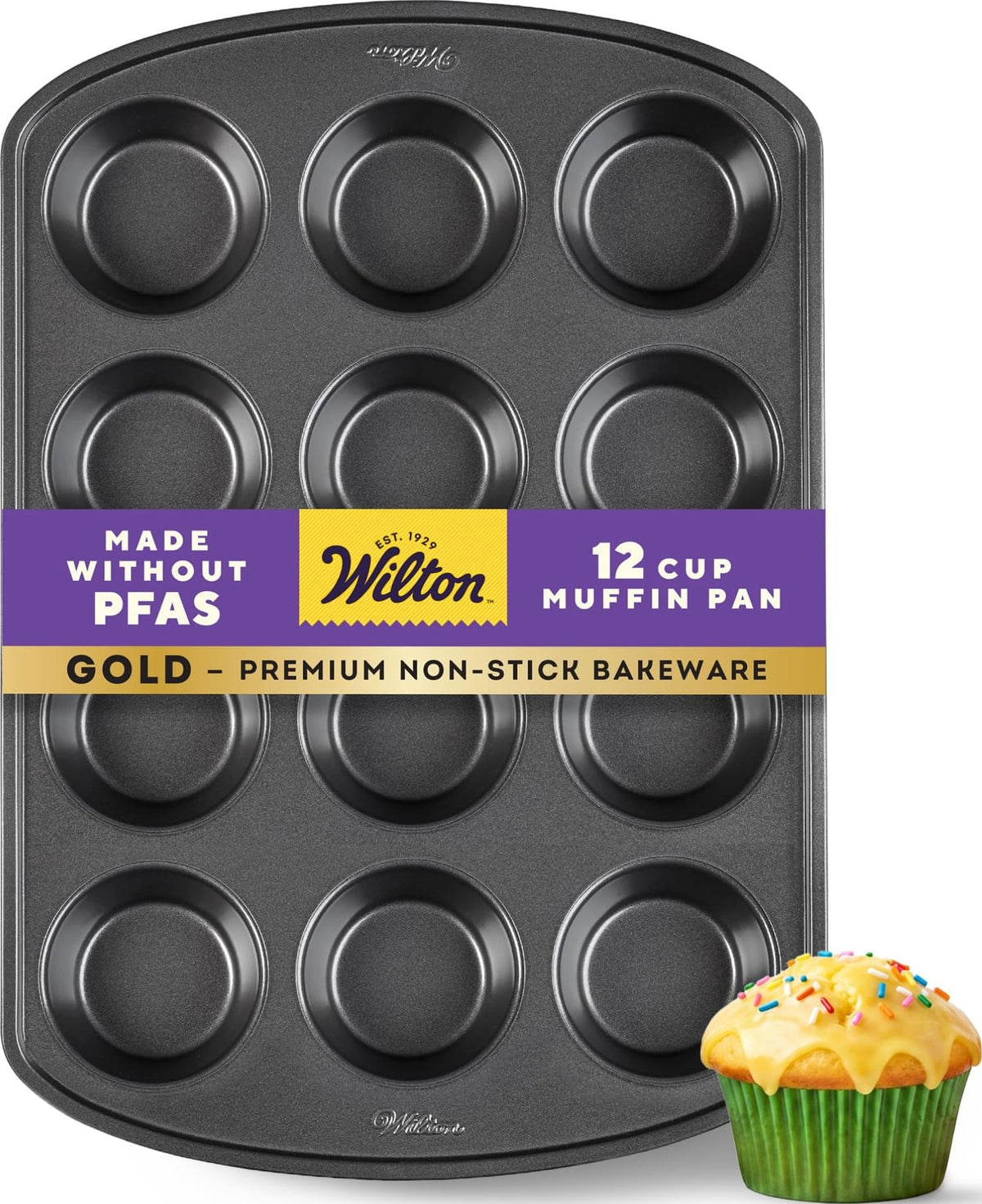 Wilton muffin pan front view showing 12 cups and gold nonstick finish benefit even baking