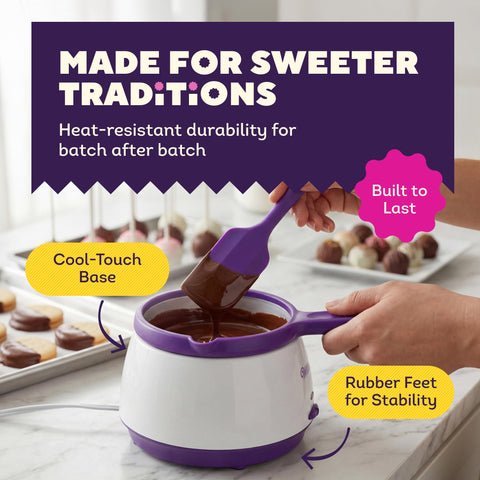 Wilton pot drizzling chocolate over cake pop creating decorative accents