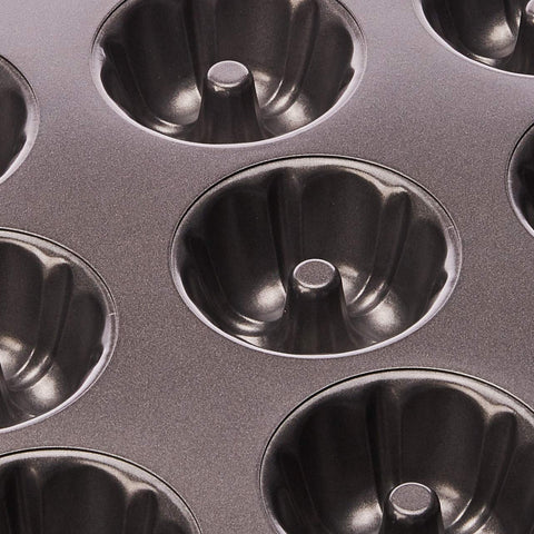 Wilton pan with baked mini cakes cooling, shows consistent portions benefit