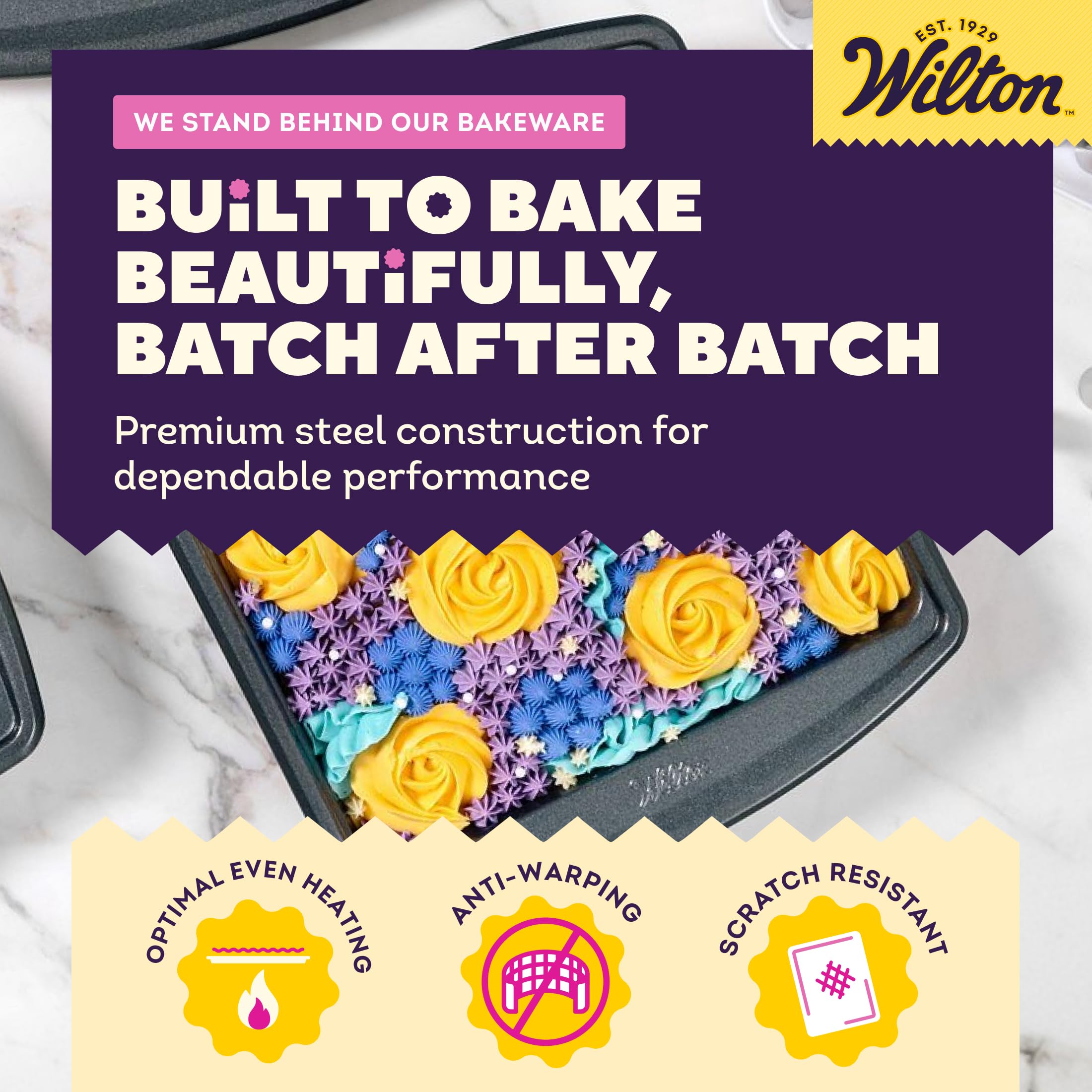 Wilton pan placed in oven illustrating warp-resistant performance