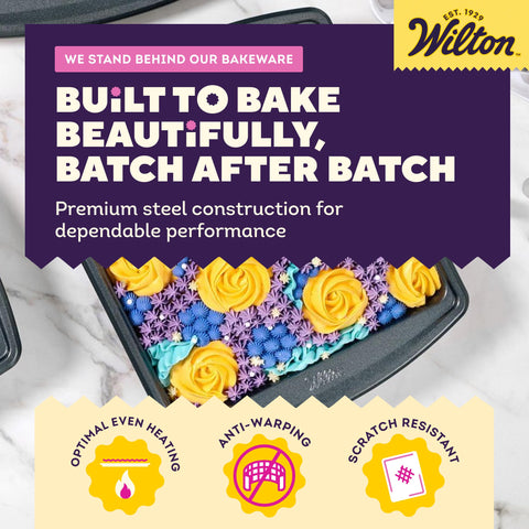 Wilton pan placed in oven illustrating warp-resistant performance