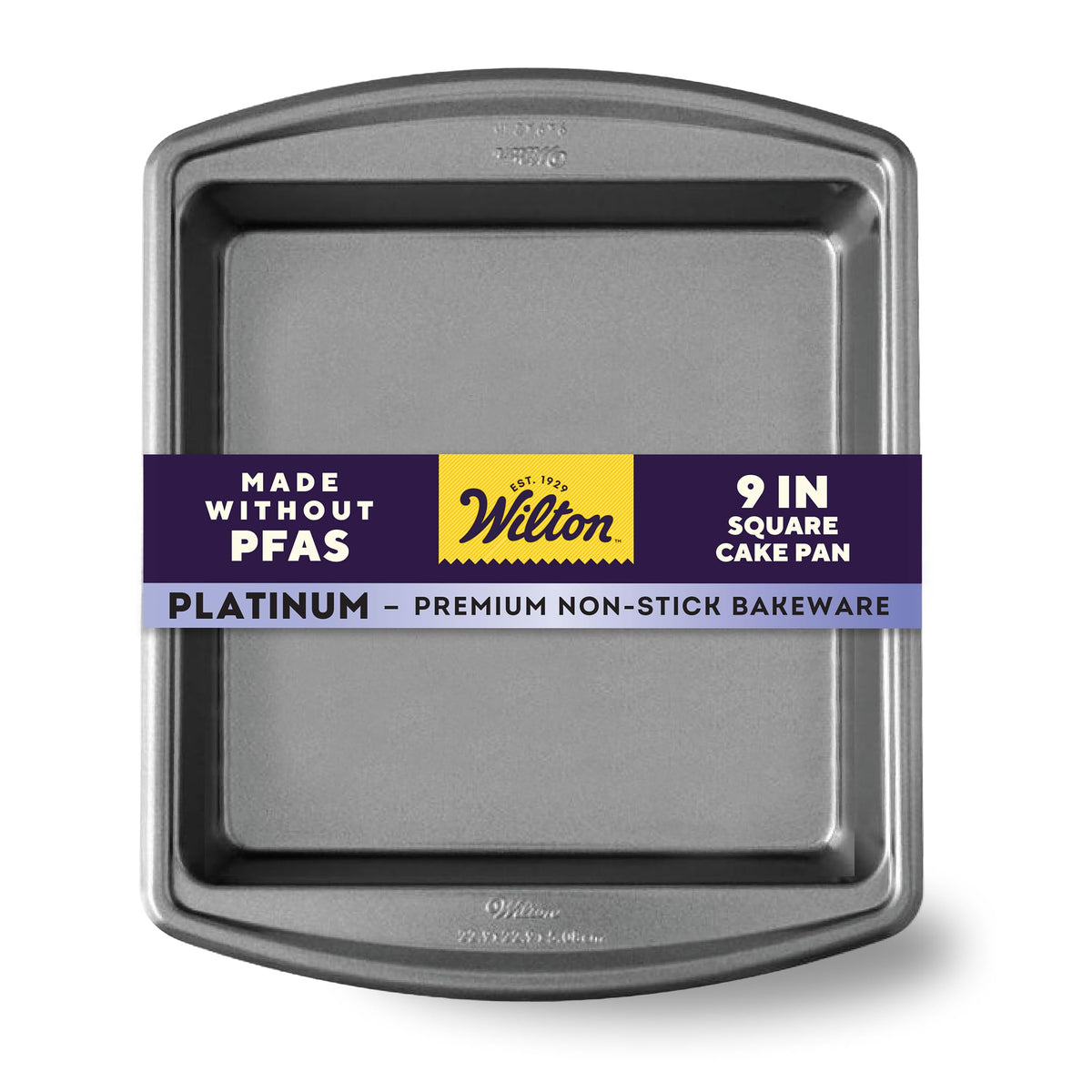 Wilton pan front view showing square shape and non-stick benefit