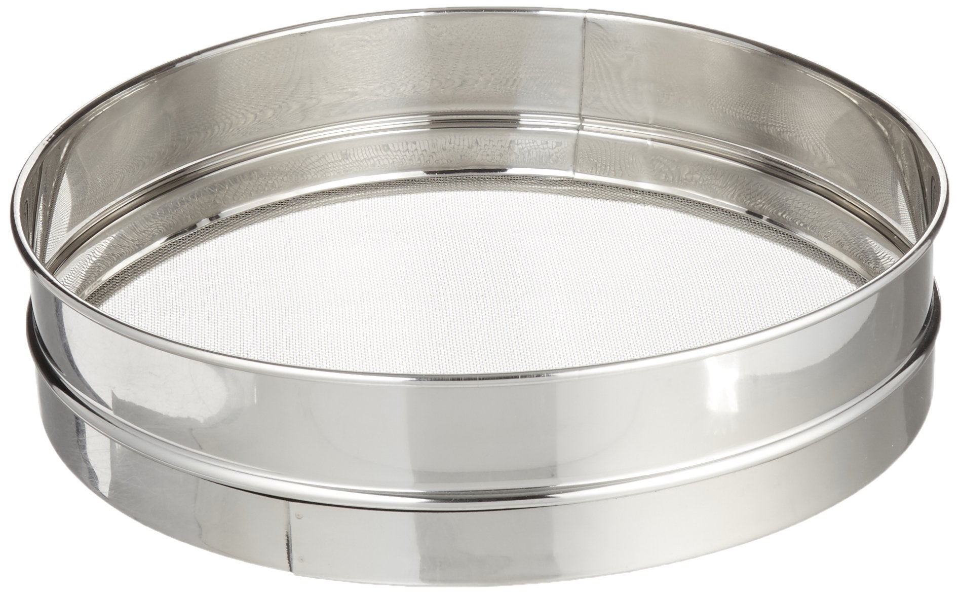 Winco 12" commercial sieve front view shows sturdy rim and large capacity benefit