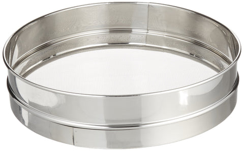 Winco 12" commercial sieve front view shows sturdy rim and large capacity benefit