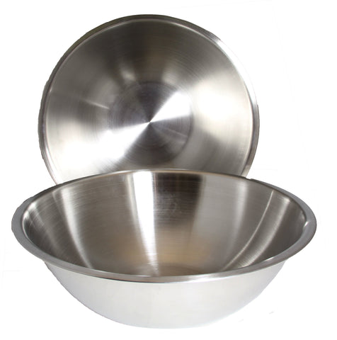 Winco stainless mixing bowls front view showing flat base and polished finish for stability