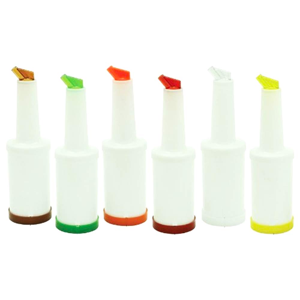 Winco Flow-N-Stow set front view showing six color-coded pour bottles for quick selection