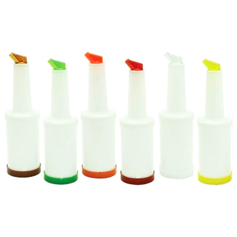 Winco Flow-N-Stow set front view showing six color-coded pour bottles for quick selection