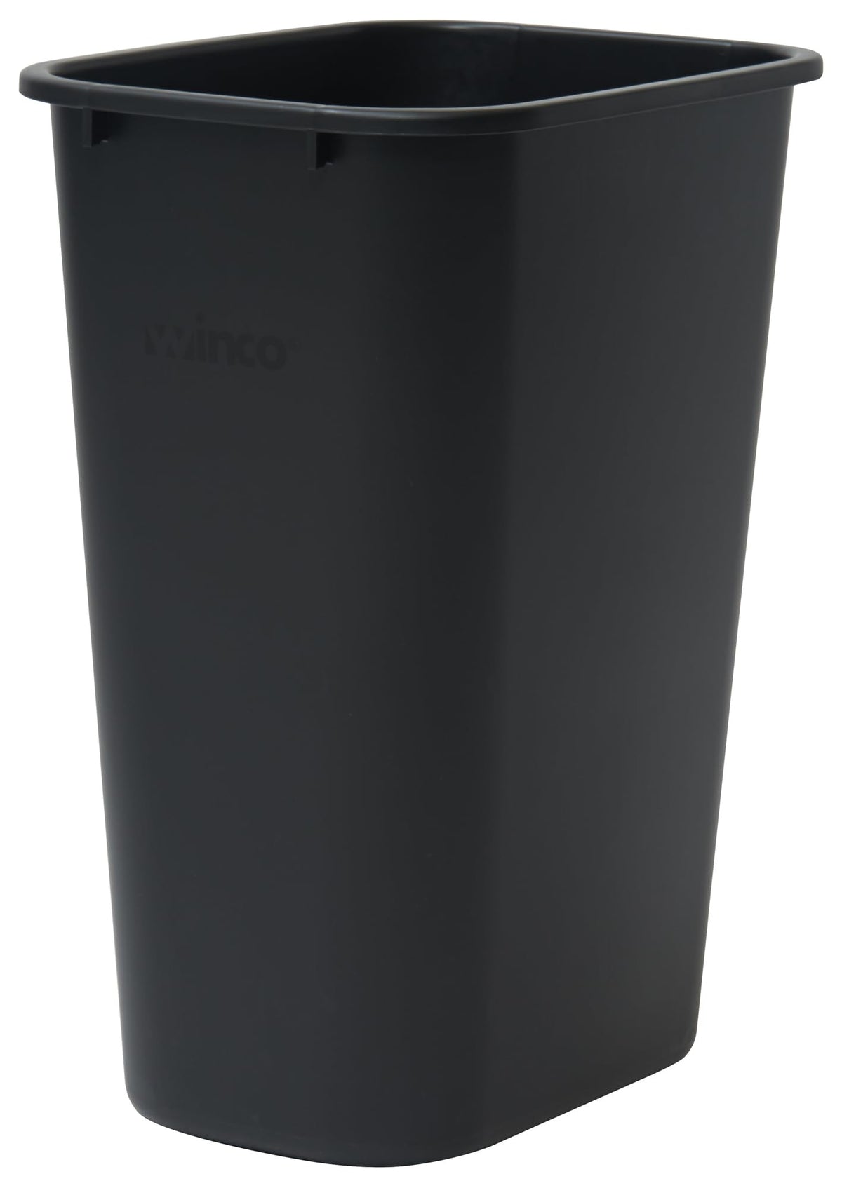 Winco front view black waste basket showing stable design and generous capacity