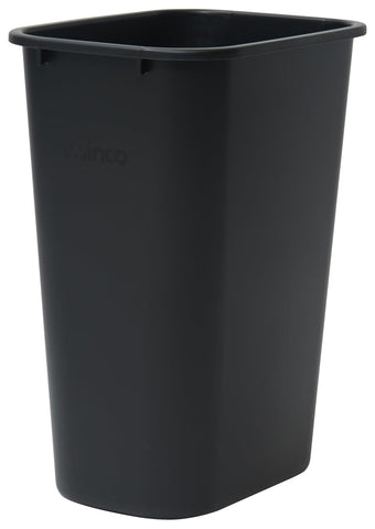 Winco front view black waste basket showing stable design and generous capacity