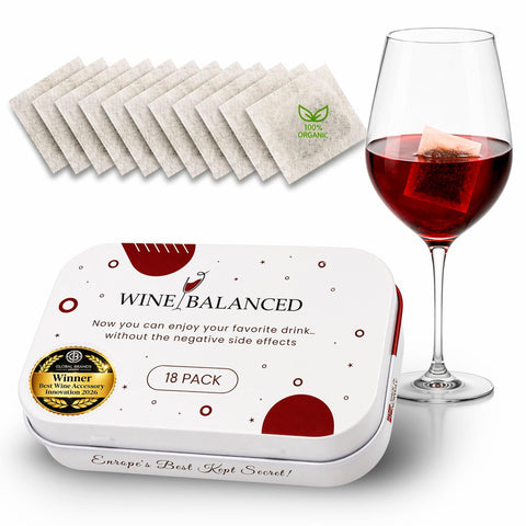 Wine Balanced front packaging showing 18-pack and award icons for trusted quality