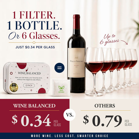 Wine Balanced sachet in a wine glass demonstrating easy use and discreet benefit