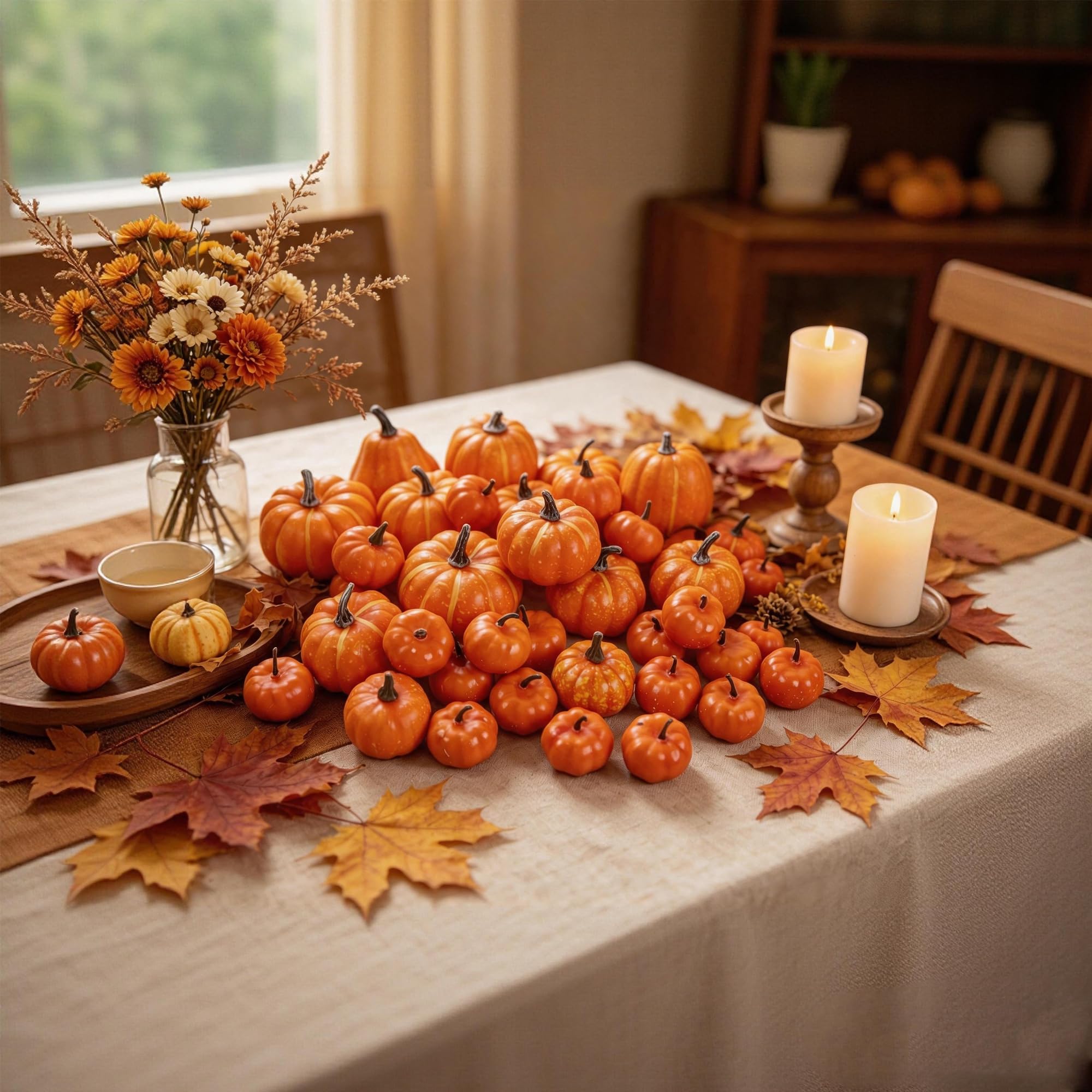 winemana centerpiece of mixed pumpkins creating a warm Thanksgiving table display