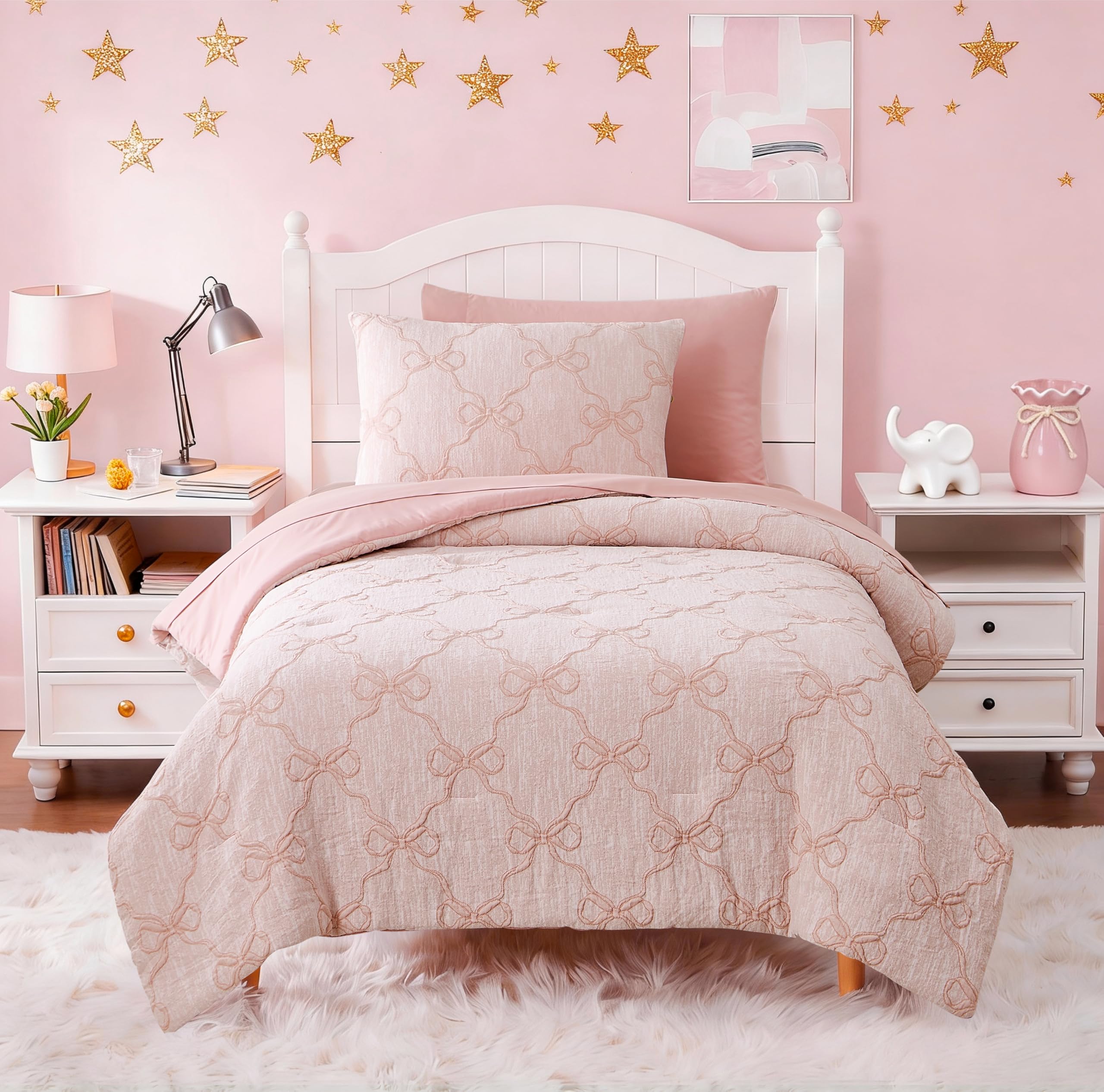 Wink Deer front view of twin comforter set showing bow design and coordinated pieces
