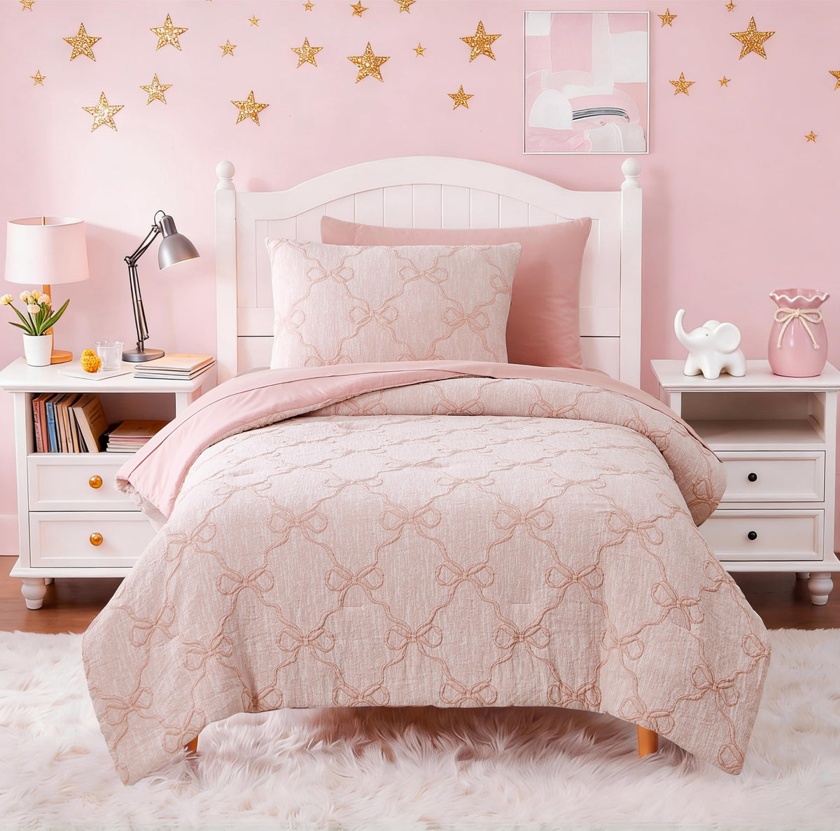 Wink Deer front view of twin comforter set showing bow design and coordinated pieces