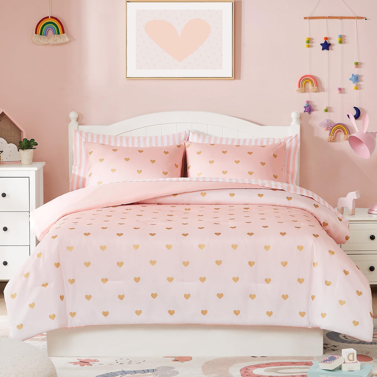 Wink Deer comforter front view showing pink gradient and charming pattern benefit: instant room update