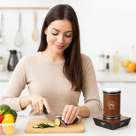 Winklez sharpener rolling on blade in kitchen showing ease of use benefit