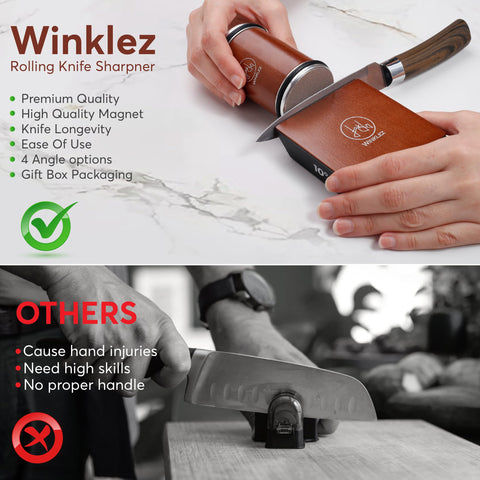 Winklez sharpener beside chef knife for scale showing compact storage benefit