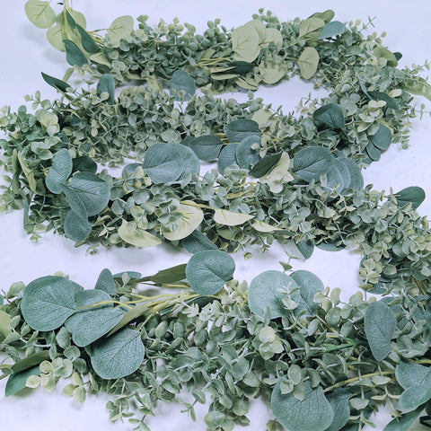 Winlyn close-up of silver dollar and baby eucalyptus leaves showing realistic texture