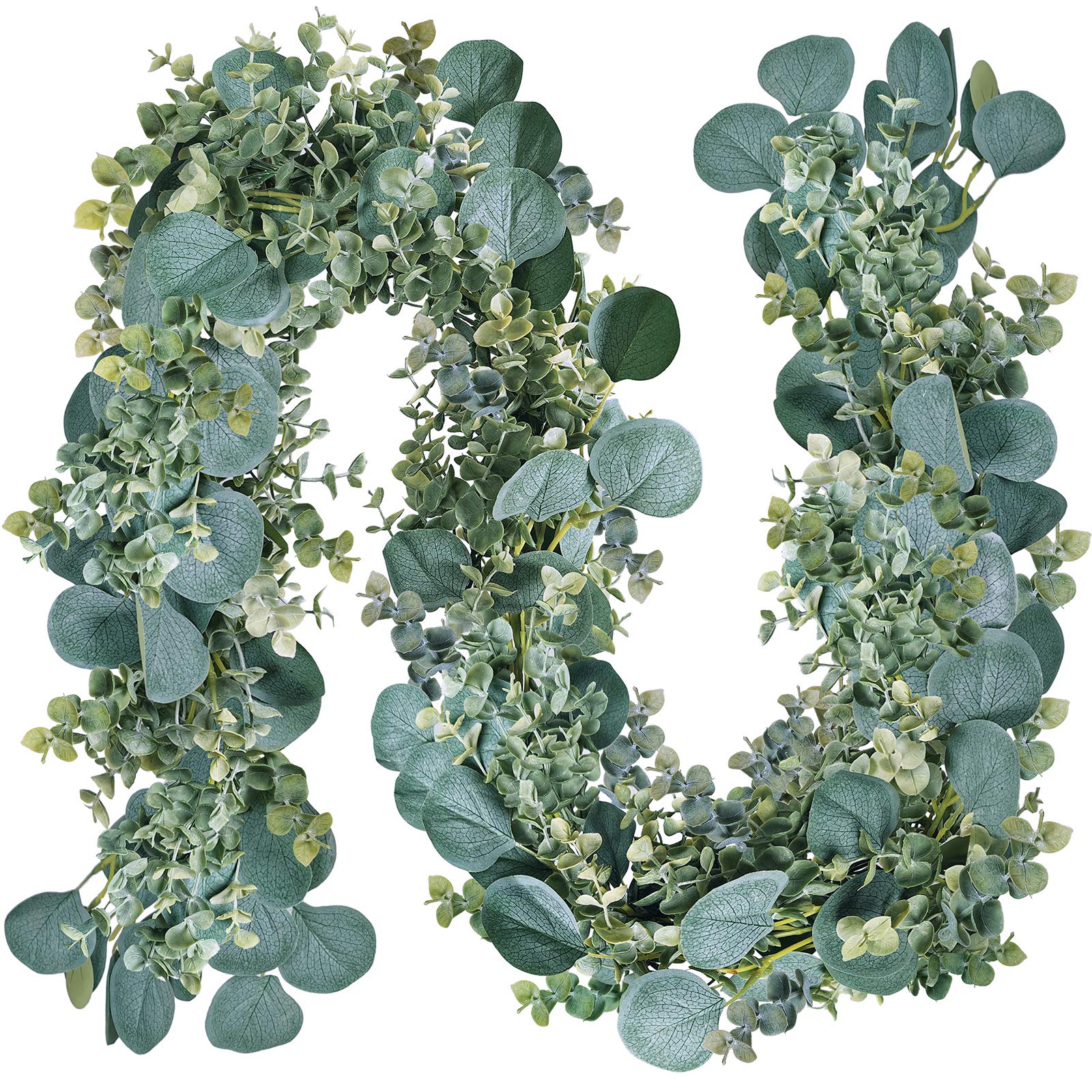 Winlyn front view of full 8.3' eucalyptus garland showing natural look and coverage