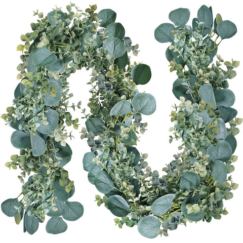 Winlyn front view of full 8.3' eucalyptus garland showing natural look and coverage