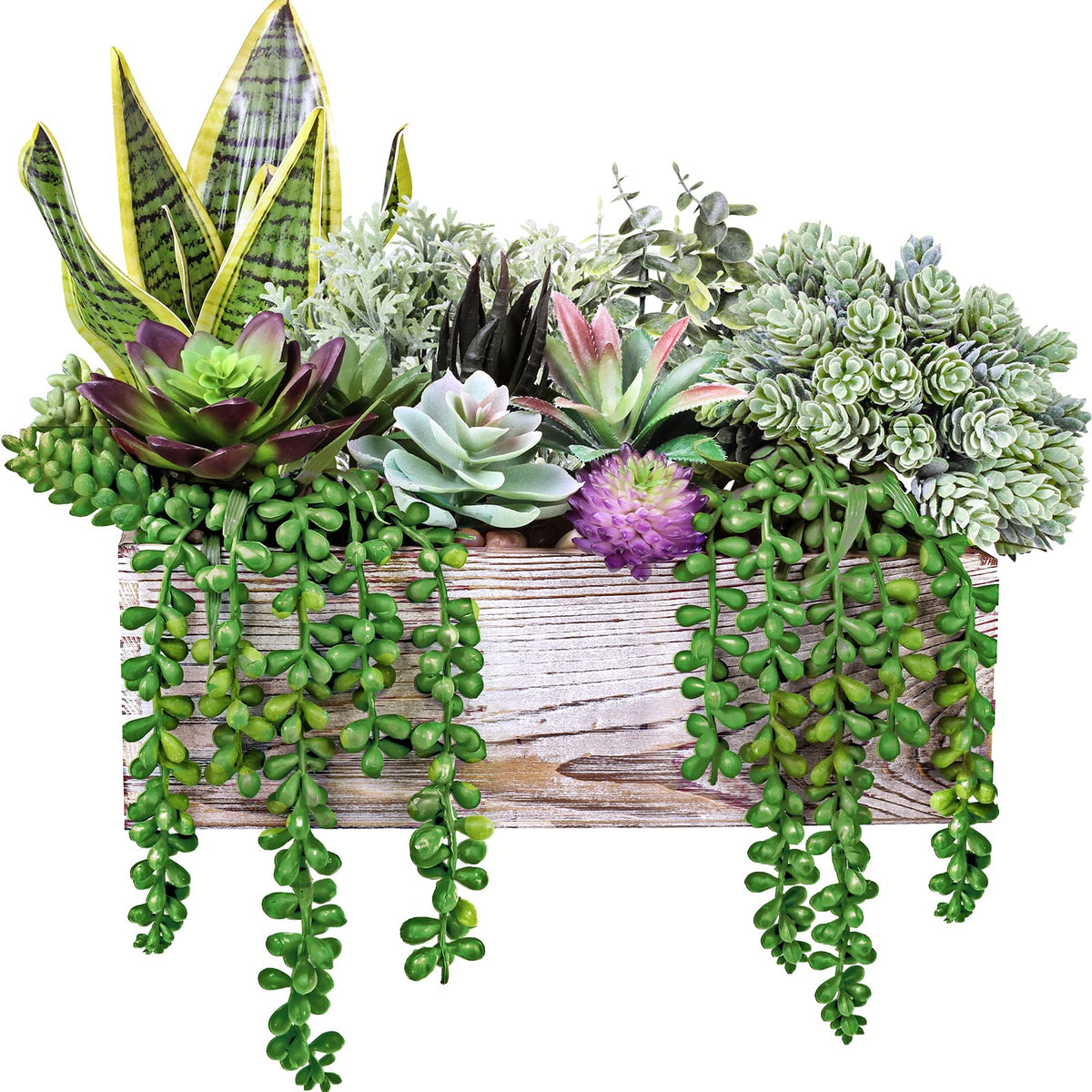 Winlyn front view wooden planter showing lifelike succulents and rustic charm