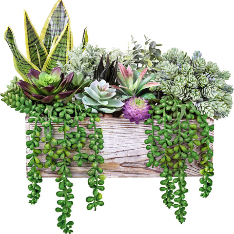 Winlyn front view wooden planter showing lifelike succulents and rustic charm