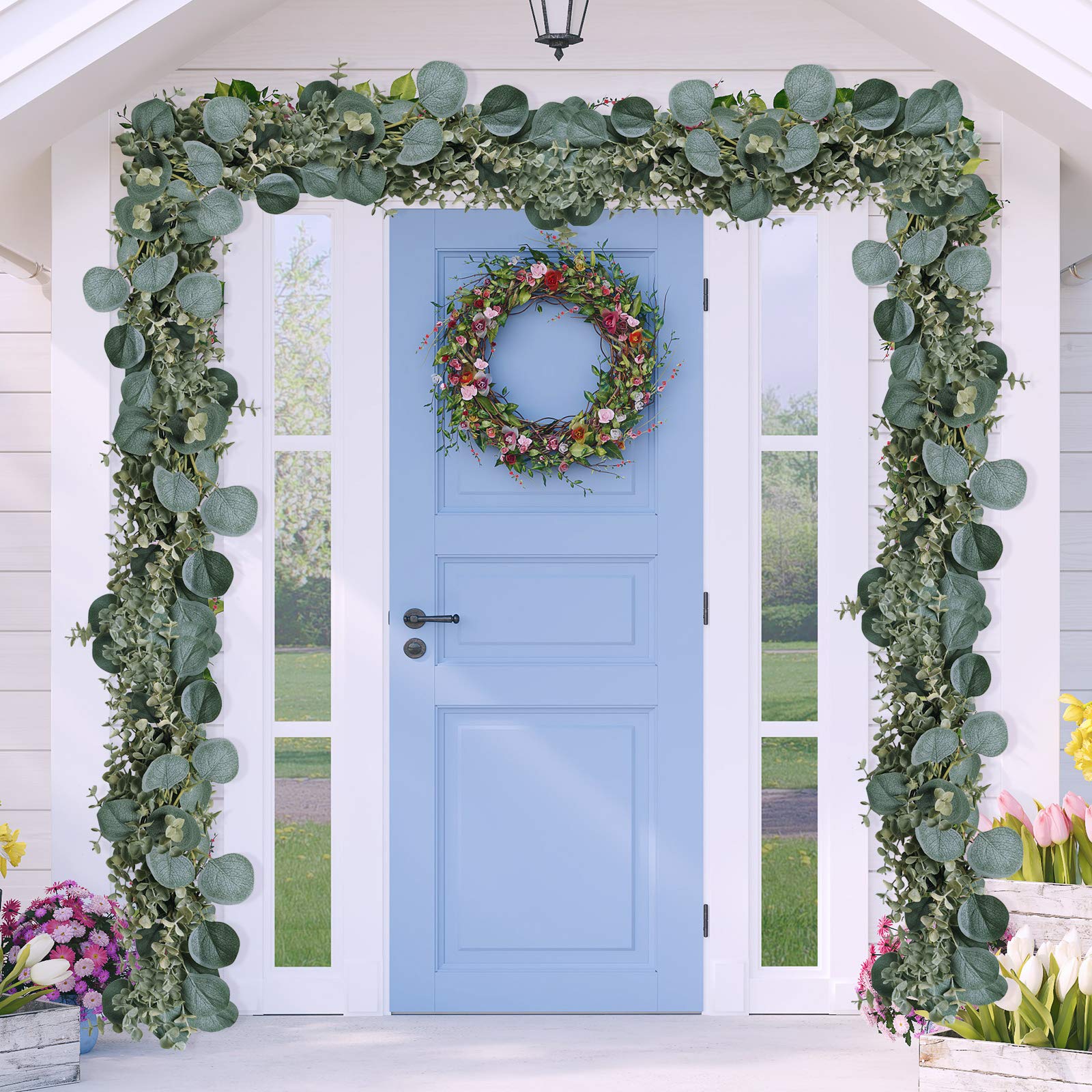 Winlyn eucalyptus garland draped across mantel for seasonal home styling advantage