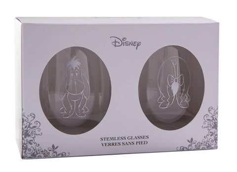 Winnie the Pooh Eeyore glass held in hand showing 16 fl oz scale and comfort