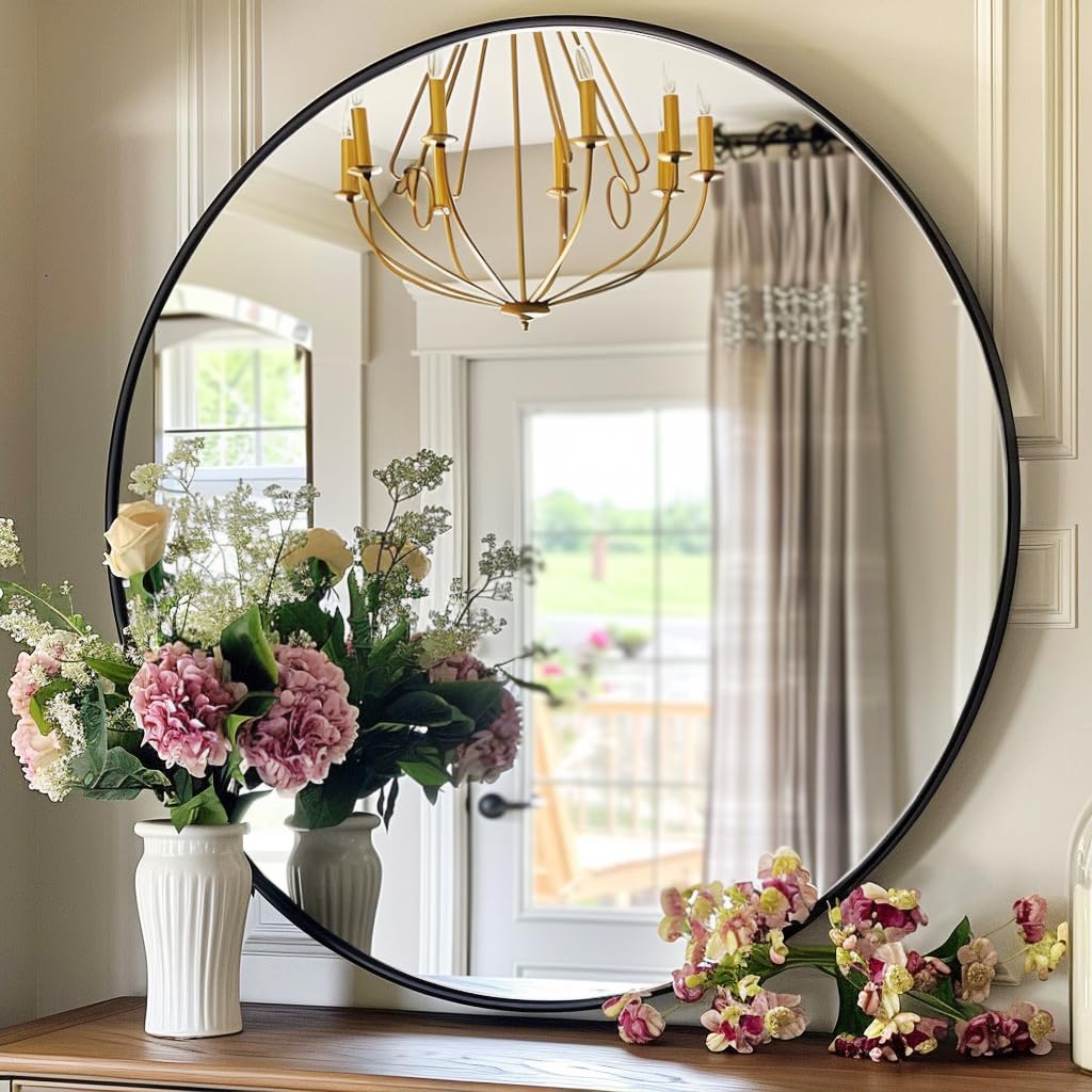 Winnker front view of 30-inch matte black round mirror showing sleek styling and balance