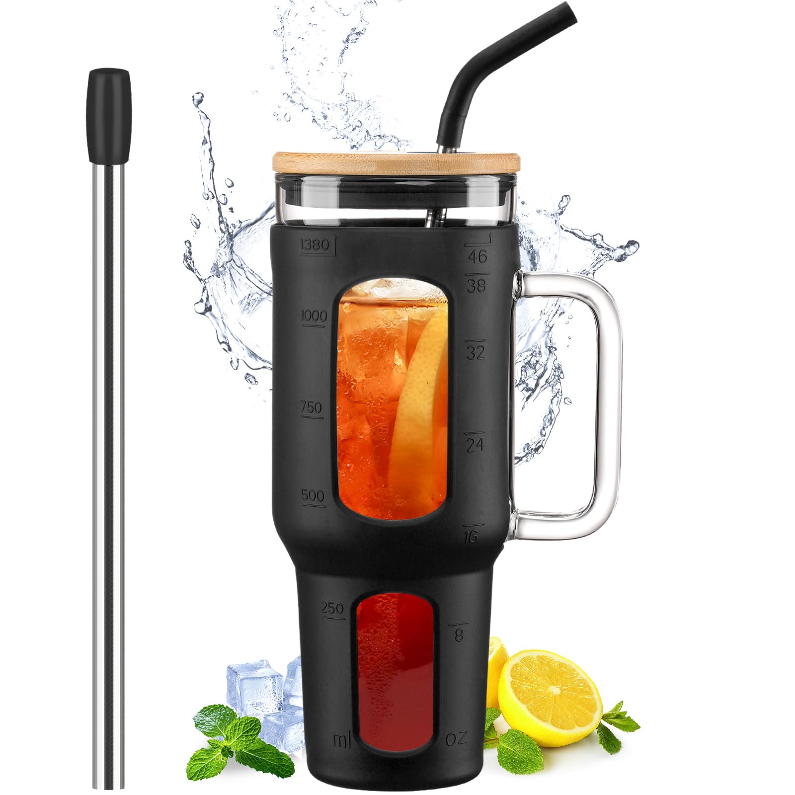 WINSA front view of black 46oz glass tumbler showing sleek design and volume benefit