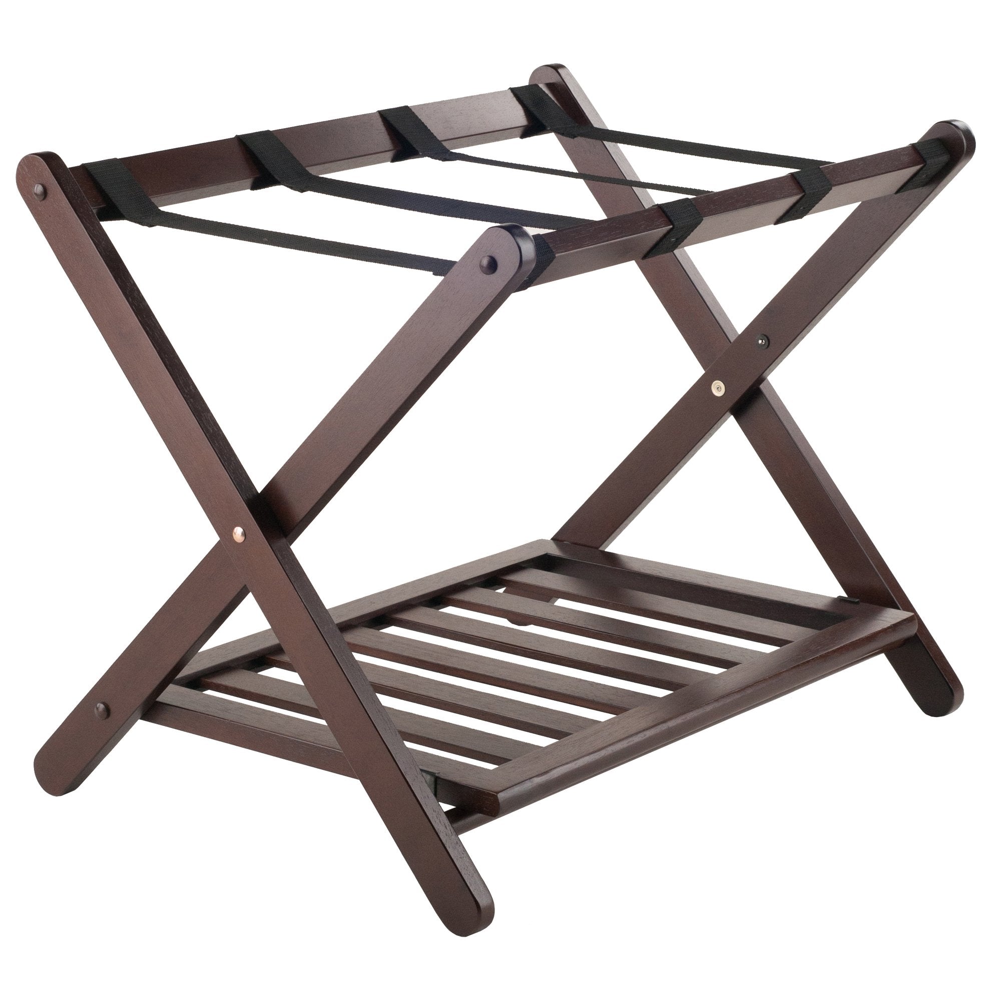 Winsome front view of cappuccino luggage rack showing stable frame and straps for organized packing