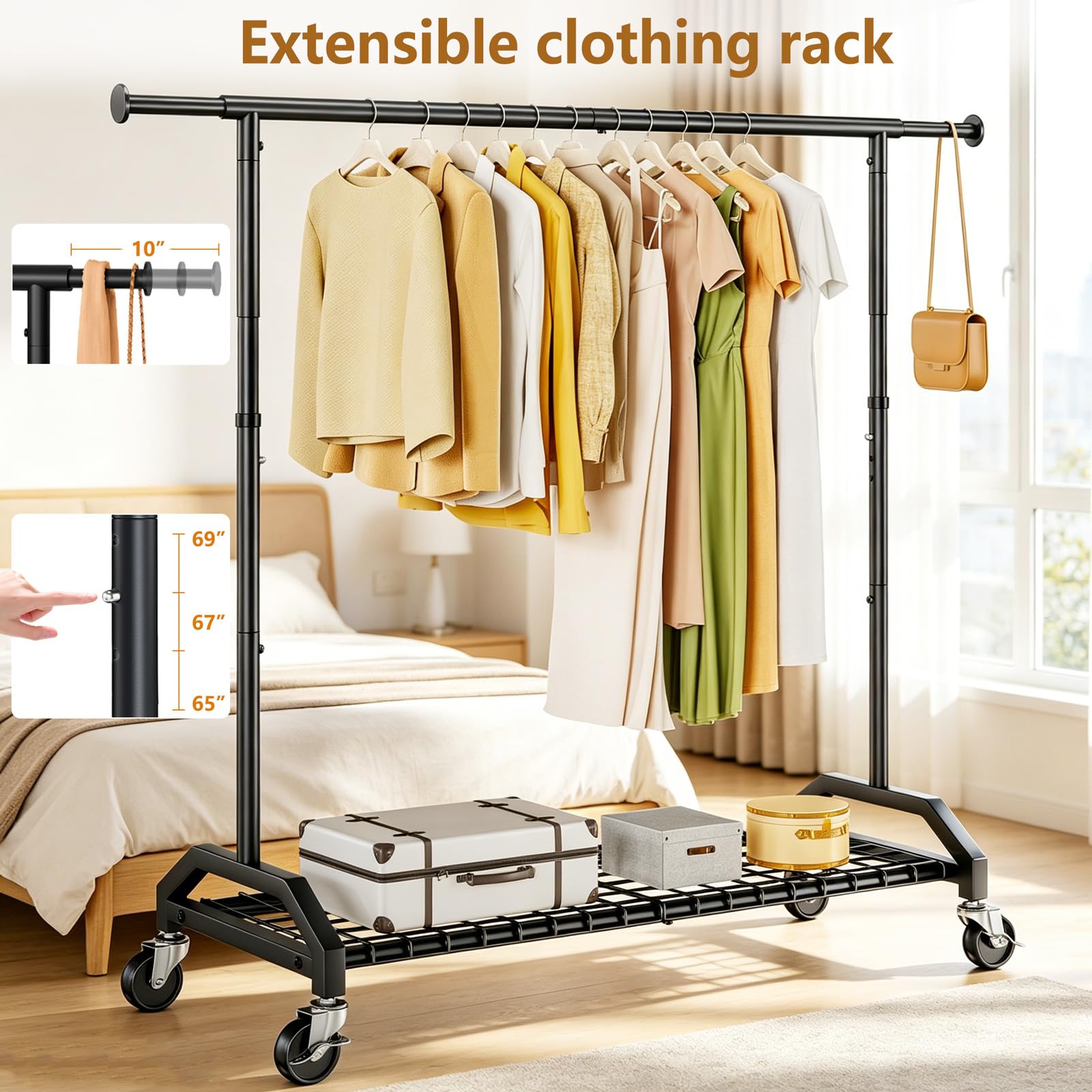 Wiracks bottom shelf storing shoes and luggage for efficient under-rail storage