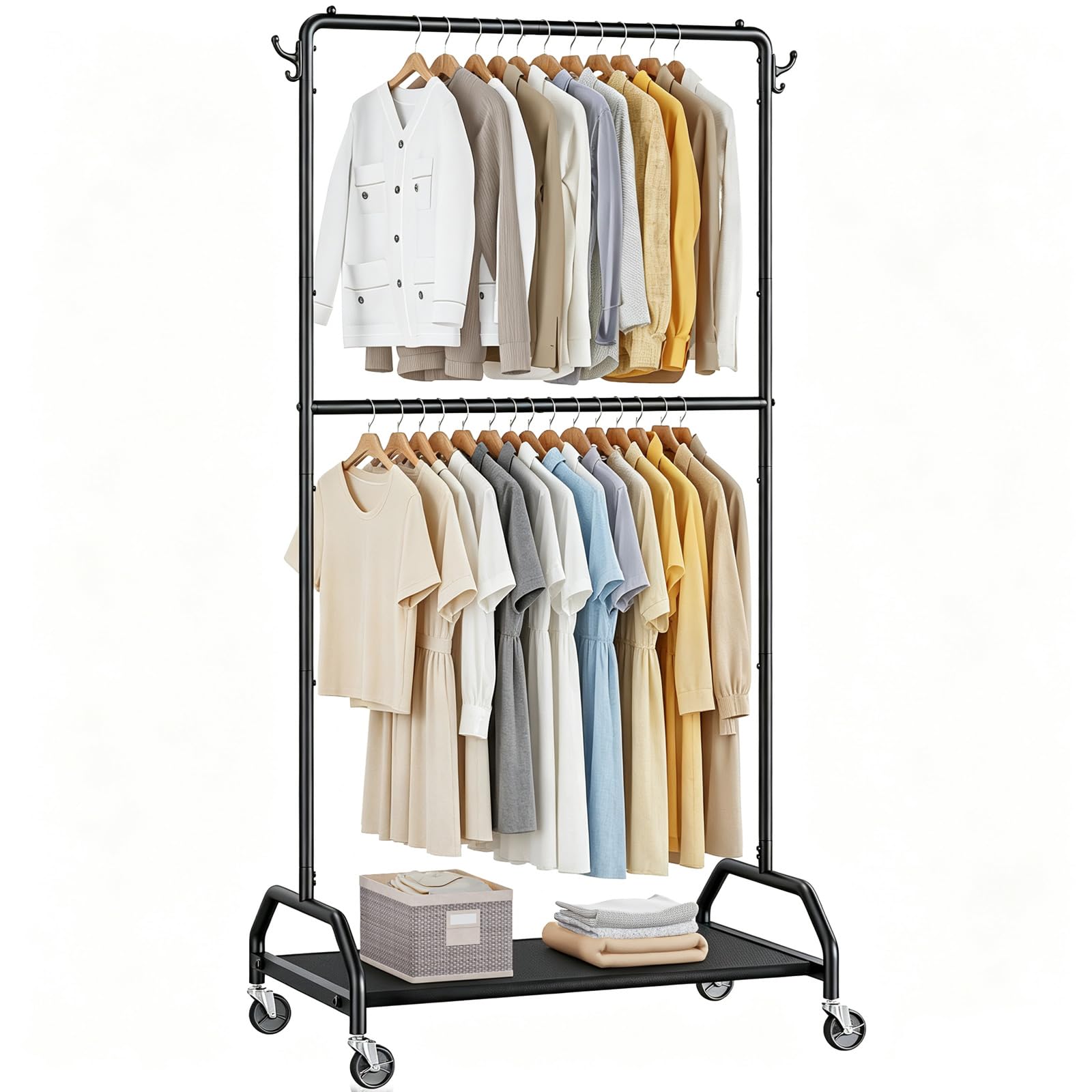 Wiracks front view double hanging clothes rack shows organized wardrobe benefit