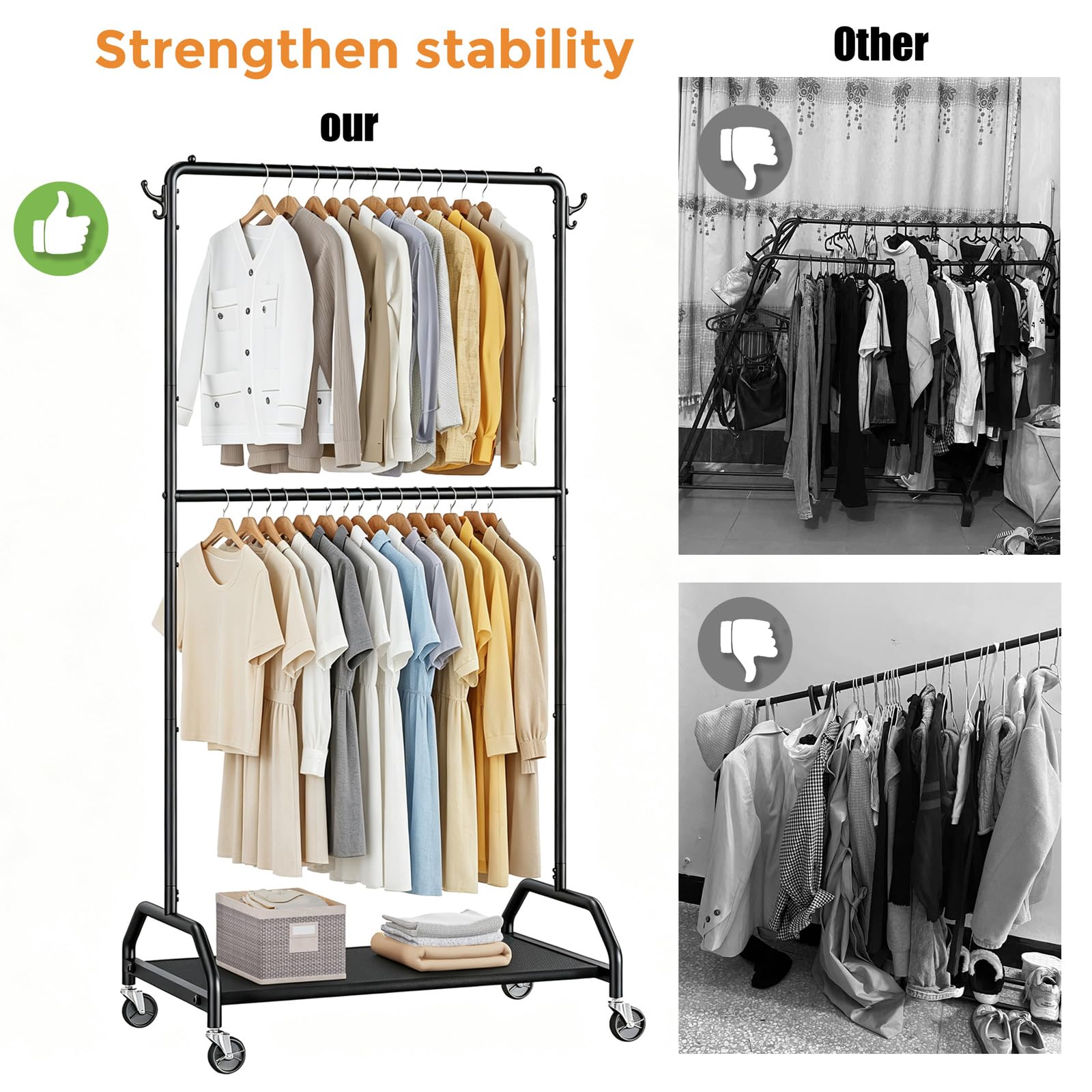 Wiracks in use with dresses jackets and shoes shows space-saving benefit