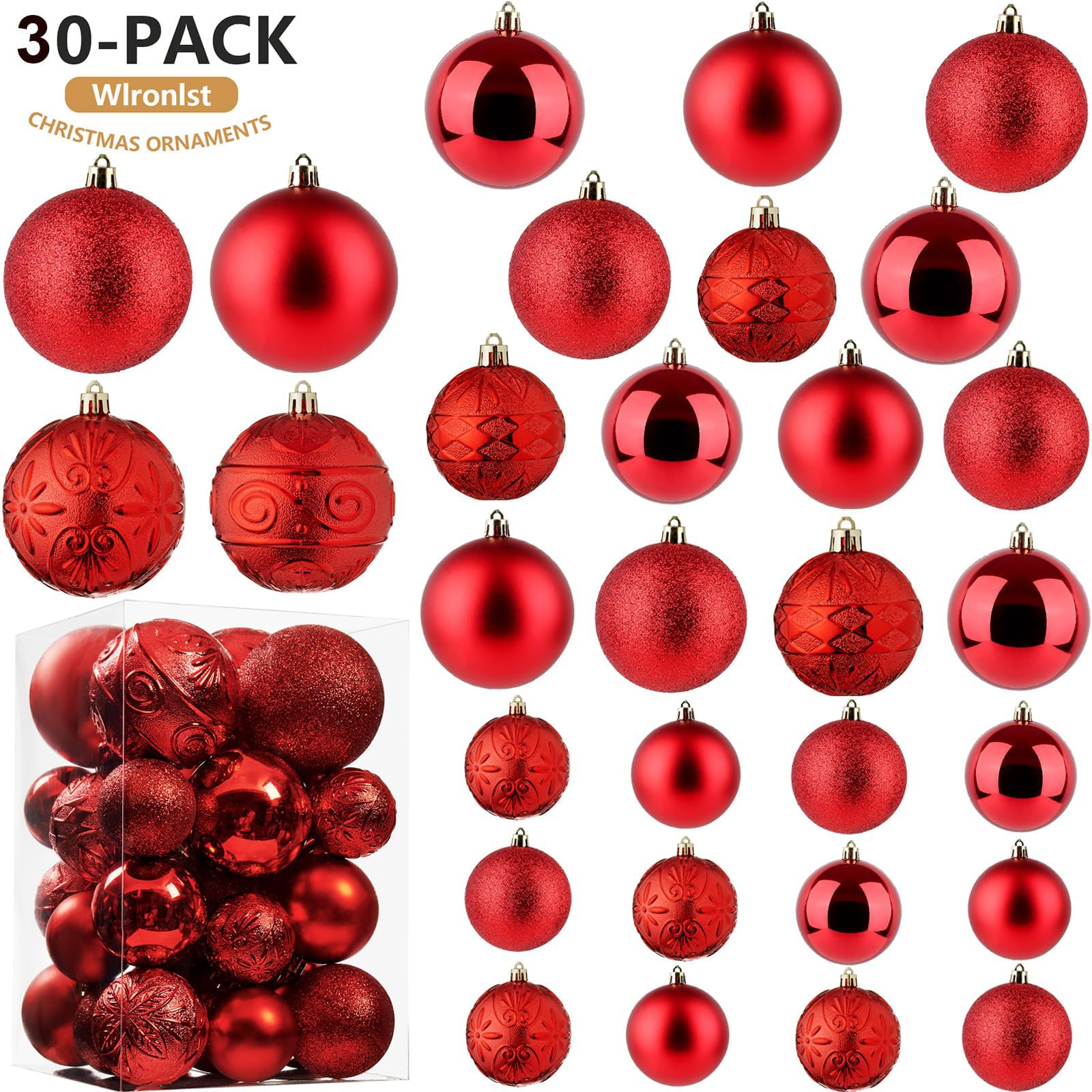 Wironlst close-up of red glitter finish ornaments that sparkle under lights
