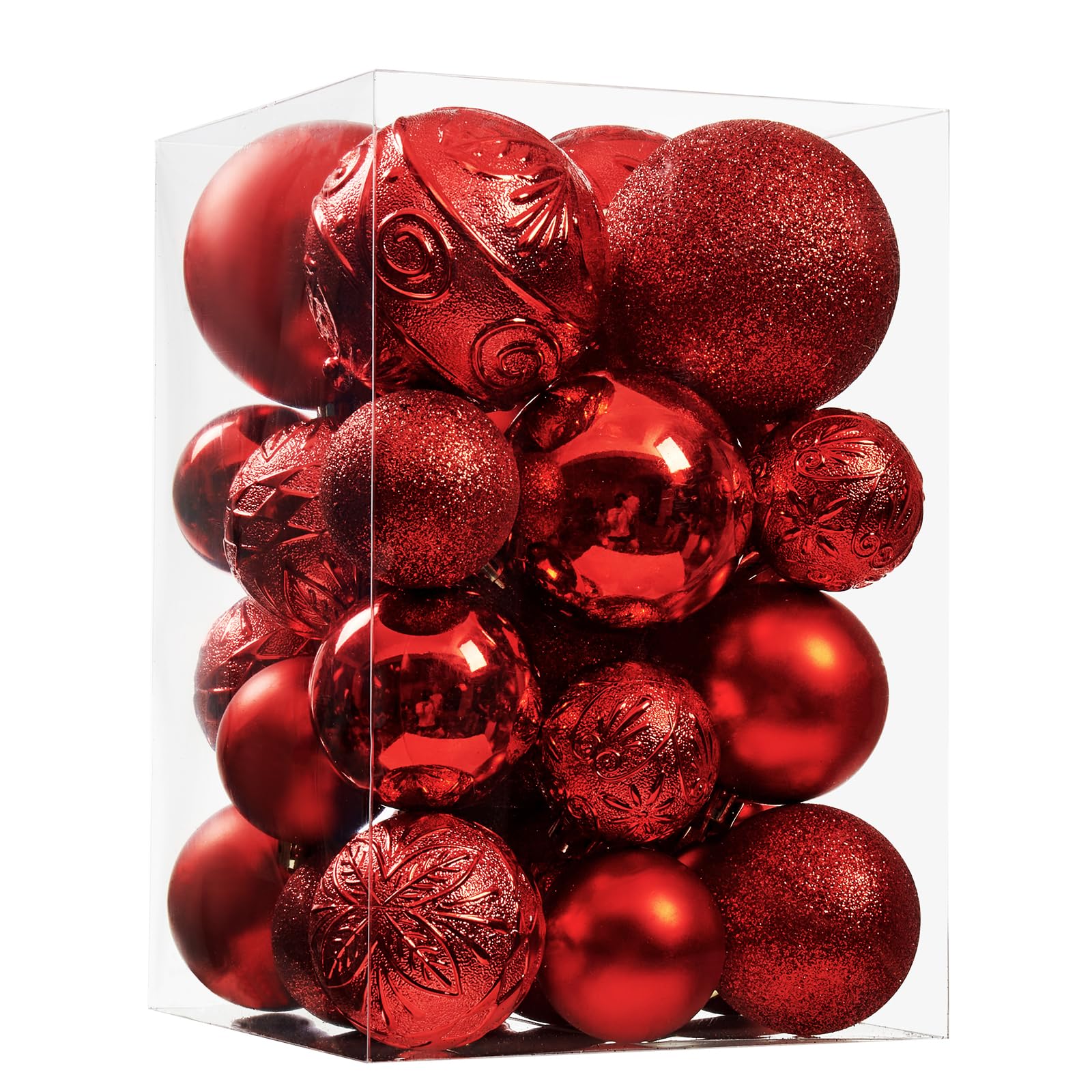 Wironlst front packaging showing 30 red shatterproof ornaments and easy storage