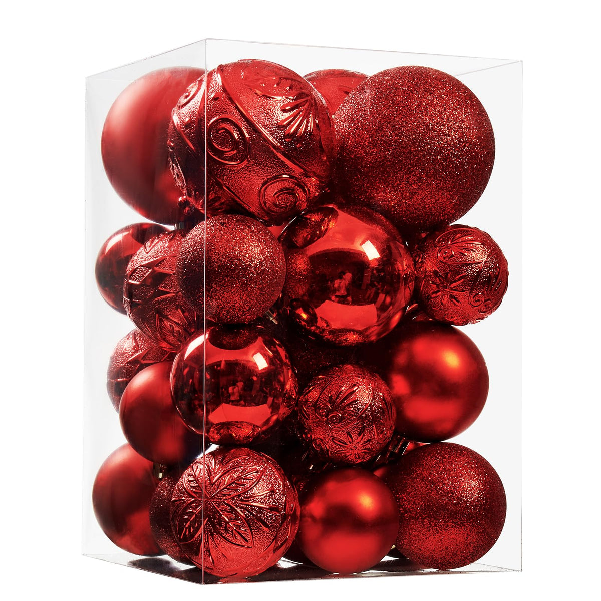 Wironlst front packaging showing 30 red shatterproof ornaments and easy storage
