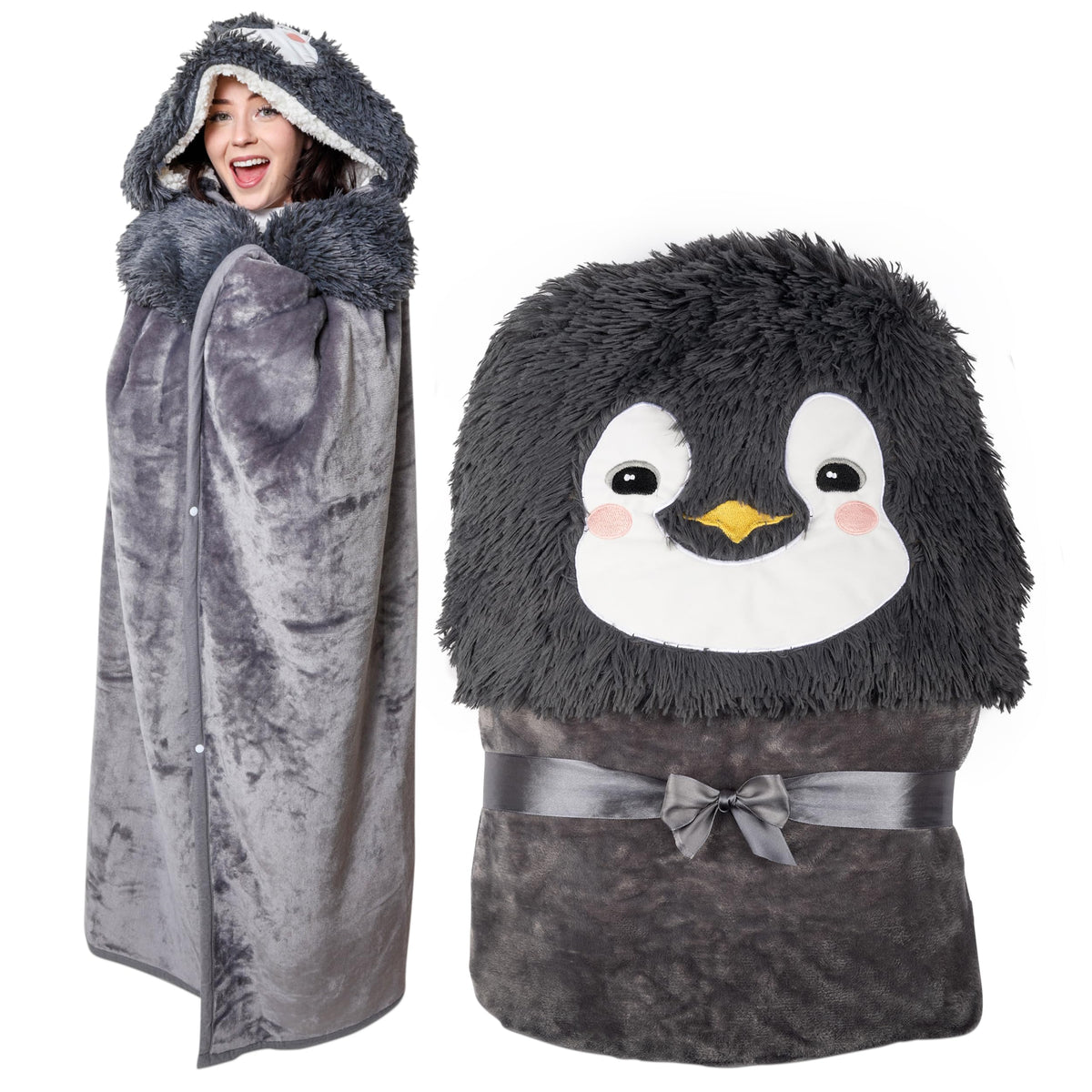 Wish Well penguin hoodie blanket front view showing cozy oversized fit