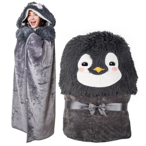 Wish Well penguin hoodie blanket front view showing cozy oversized fit