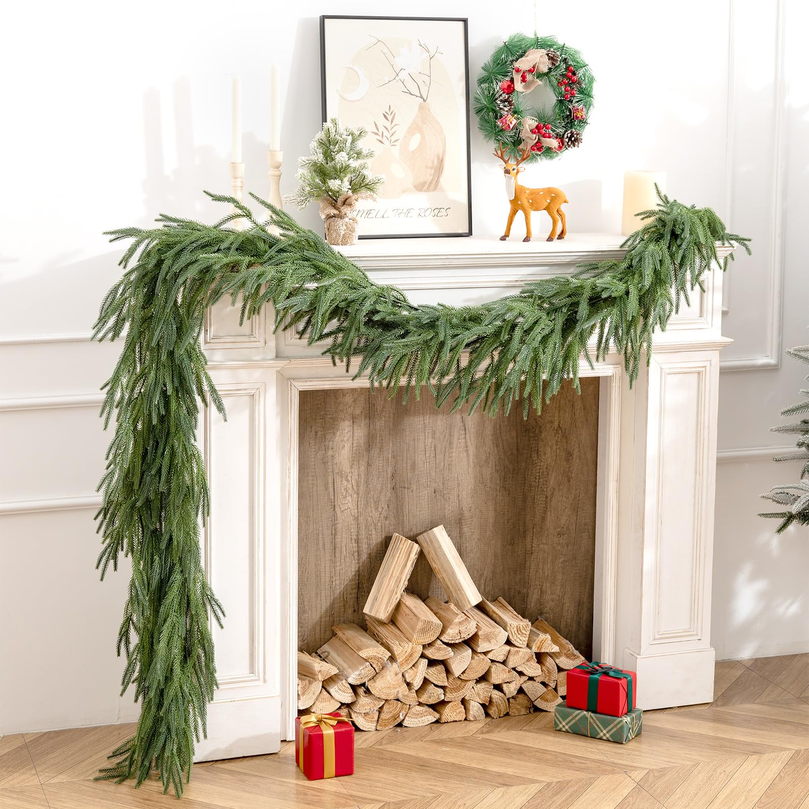 WISHSMILE front view of two 6ft garlands showing full mantel coverage benefit