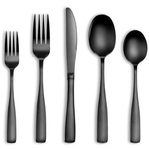 WISKEMA front view of full 40-piece black flatware set showcasing modern look and completeness
