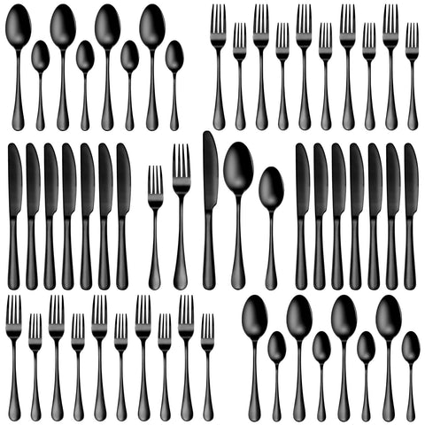 WISKEMA front view of full 40-piece black flatware set, elegant table benefit
