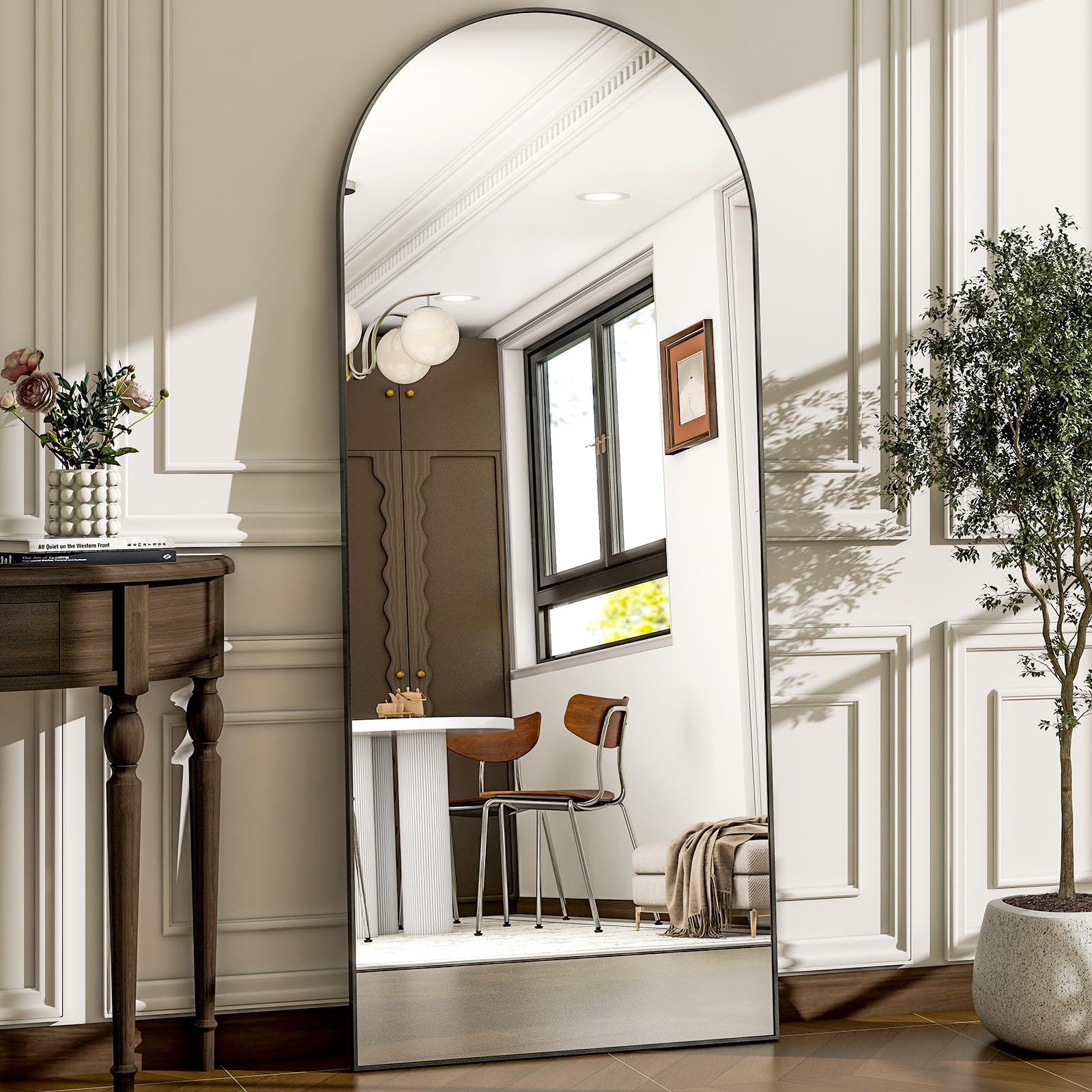 WISSMIELS arched full-length mirror front view showing sleek black frame and full-body benefit