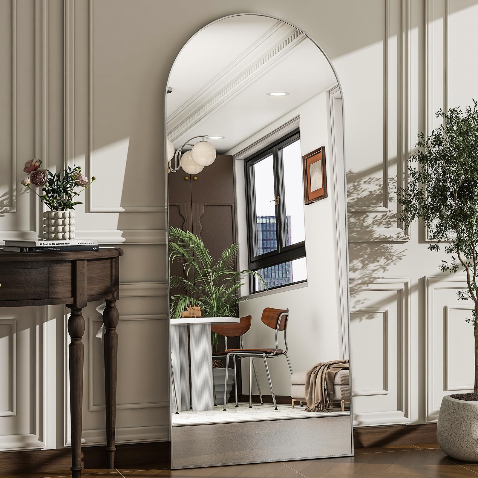 WISSMIELS front view arched mirror showing full-length reflection and decor benefit