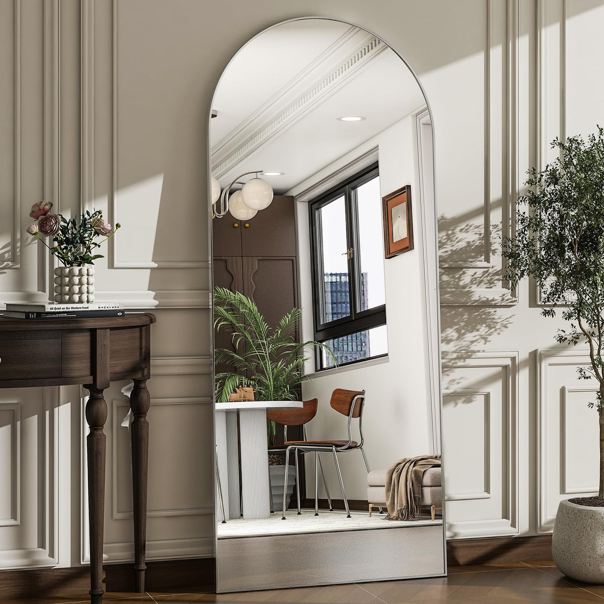 WISSMIELS front view arched mirror showing full-length reflection and decor benefit