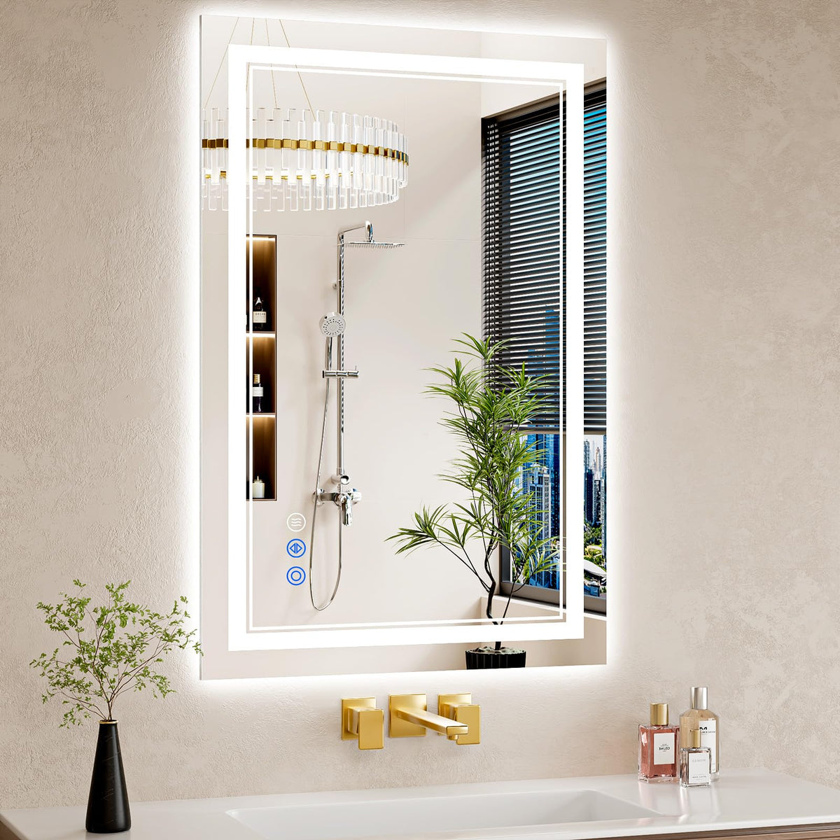 WISSMIELS front view of 24x36 LED mirror showing even lighting benefit