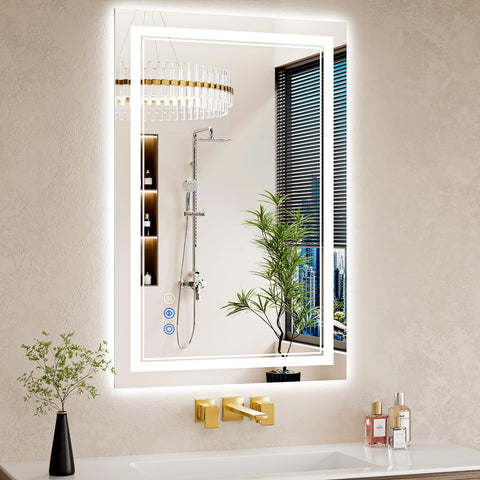 WISSMIELS front view of 24x36 LED mirror showing even lighting benefit