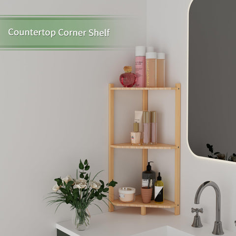 Wisuce corner shelf staged in bathroom offering organized toiletries benefit
