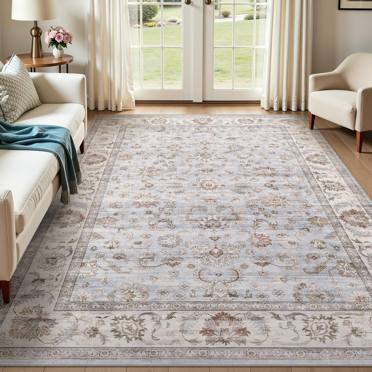 WITSHOCK front view showing full 5x7 floral rug and pattern benefits