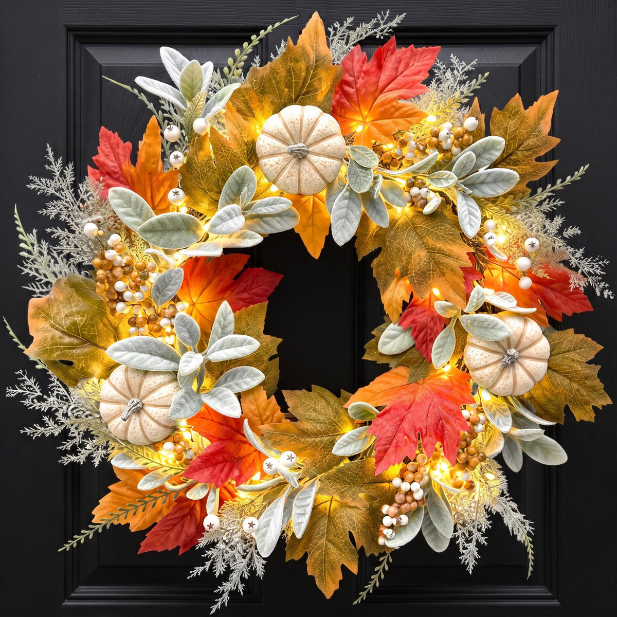 Wizcave front door wreath hung on entryway showing warm seasonal welcome